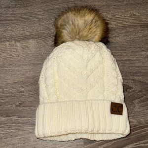 C.C Ivory Cable Knit Hat with Faux Fur Pom
